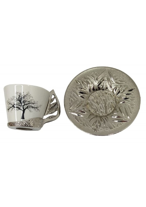Sena Beyaz Ağaç Desenli Gümüş Zarflı 6 Lı Türk Kahvesi Fincan Seti
