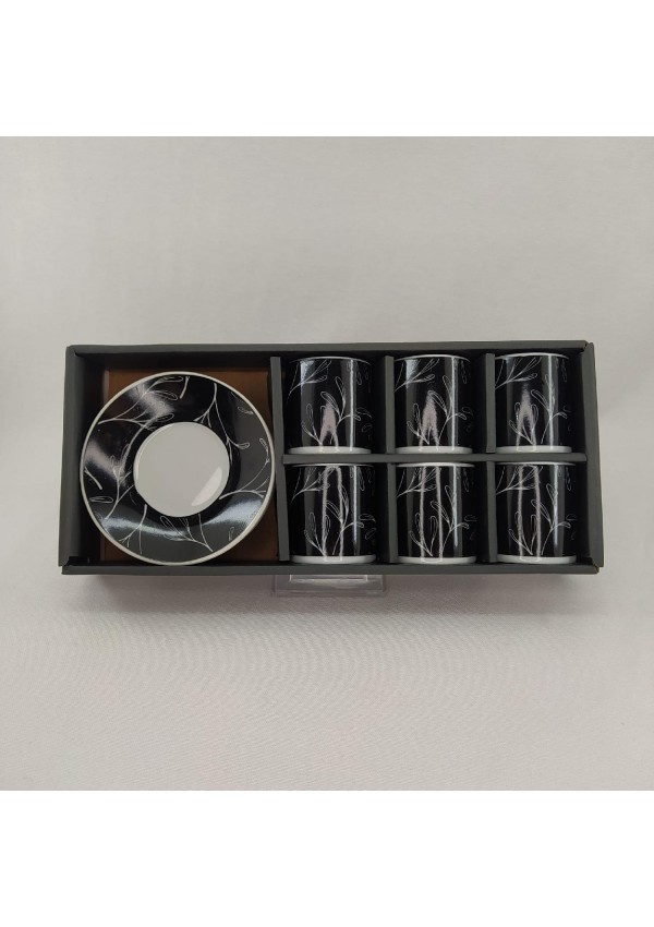 Paçi Porselen CAMELIA Collection Siyah Üzerine Beyaz Zeytin Dalı Deseni 6'lı Türk Kahvesi Fincan Takımı