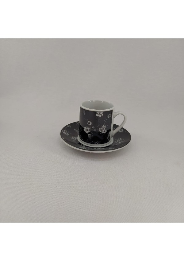 Paçi Porselen CAMELIA Collection Siyah Üzerine Beyaz Çiçek Desenli 6'lı Türk Kahvesi Fincan Takımı