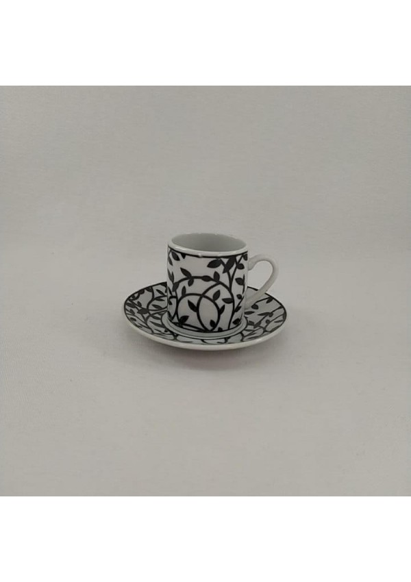 Paçi Porselen CAMELIA Collection Beyaz Üzerine Siyah Dal Ve Yaprak Desenli 6'Lı Türk Kahvesi Fincan Takımı